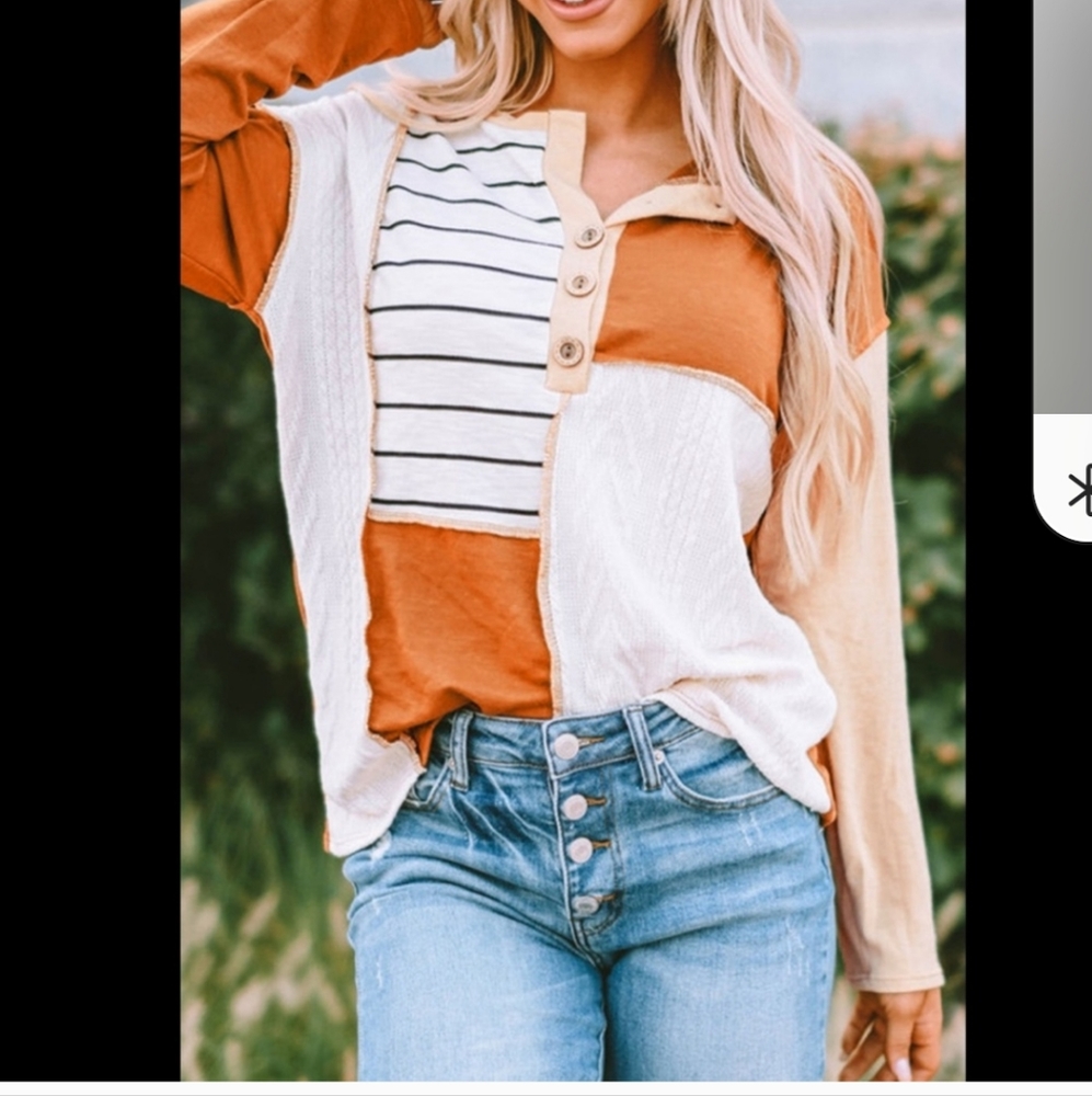 NEW Orange striped Henley style top large